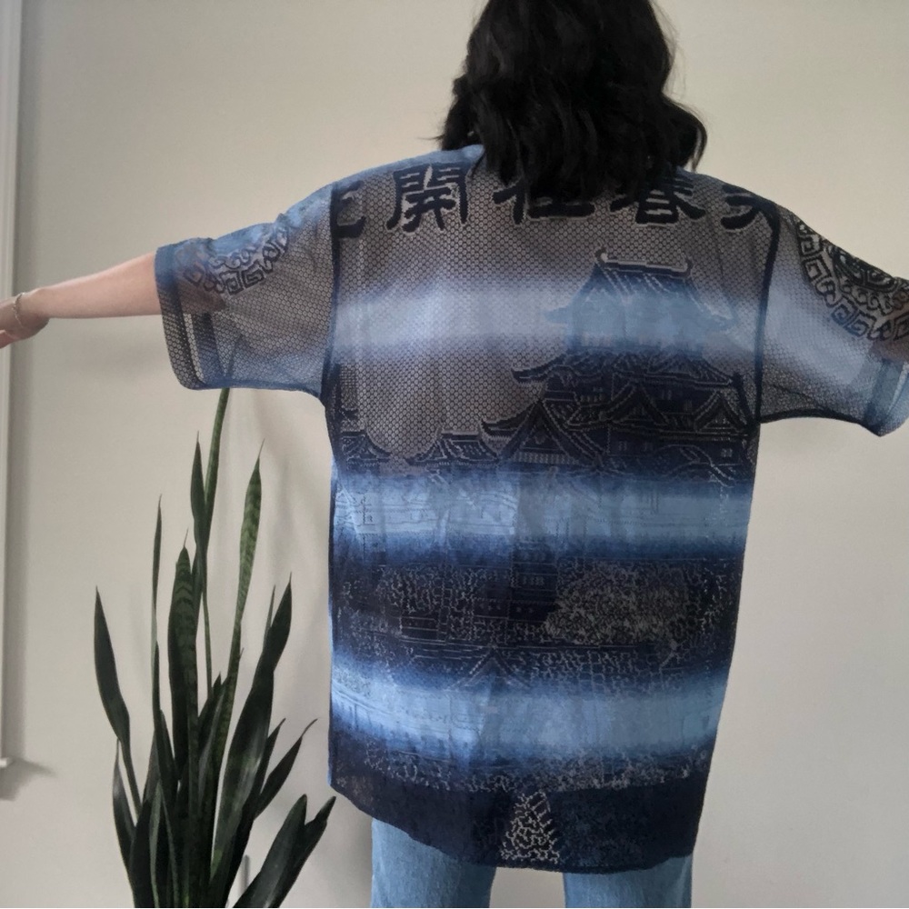 ❤️ LAST DAY Vintage Y2K B212 NYC Japanese Pagoda Mesh S/S Button Down Shirt - Picture 3 of 13